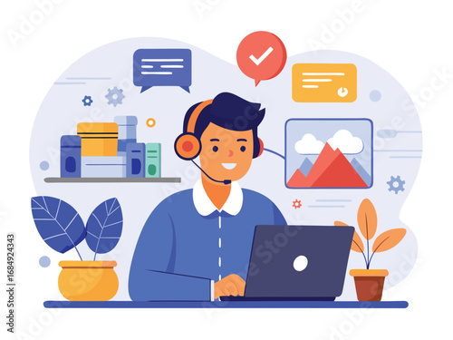 Remote worker with headset and laptop communicating effectively from home office setup