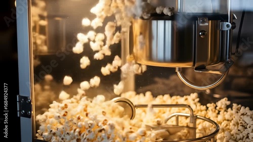 Freshly popped white popcorn cascading from a stainless steel machine ready for movie night entertainment and snack time fun