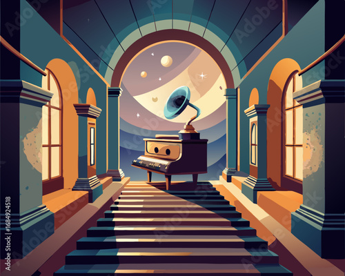 colorful illustration of a dusty music box in the hallway