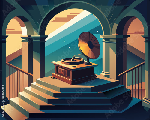 colorful illustration of a dusty music box in the hallway