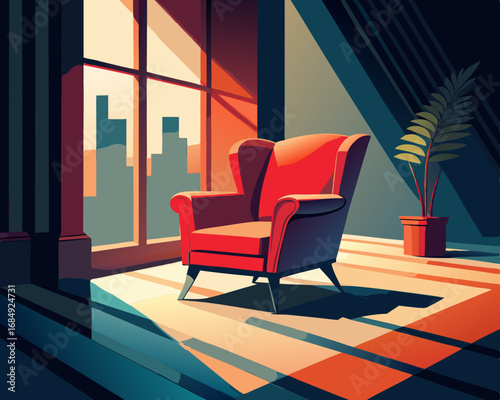 colorful illustration of a faded red velvet armchair surrounded by whispering window