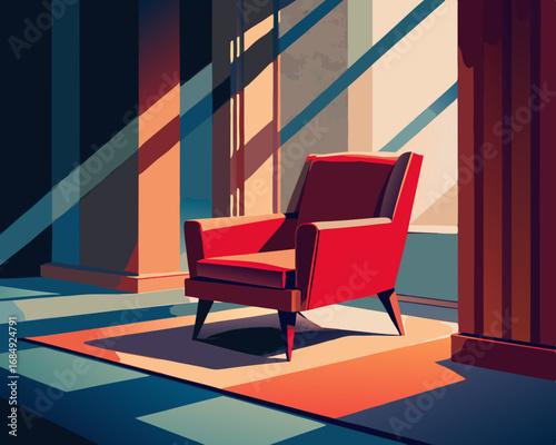 colorful illustration of a faded red velvet armchair surrounded by whispering window