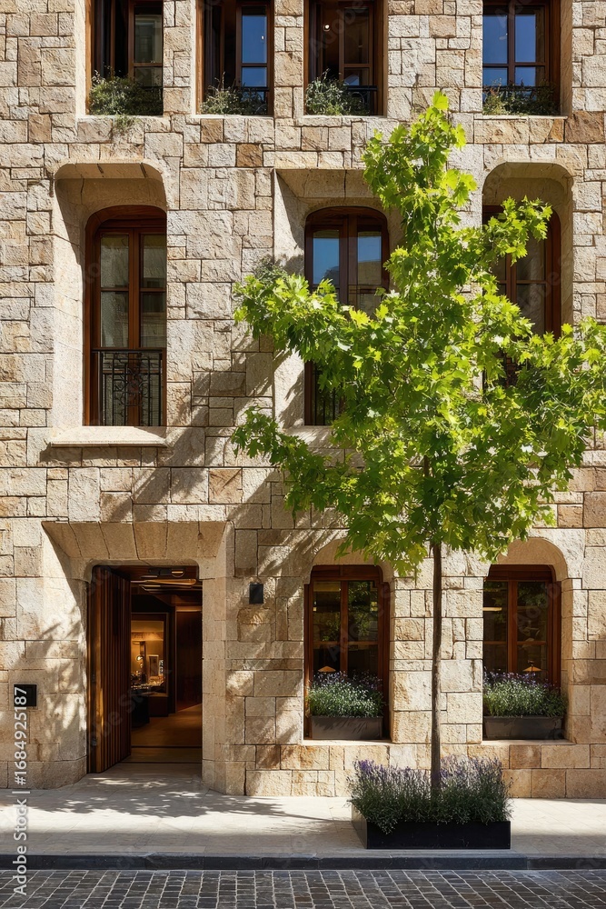 Fototapeta premium Stone building facade with arched windows, a small tree, and entryway