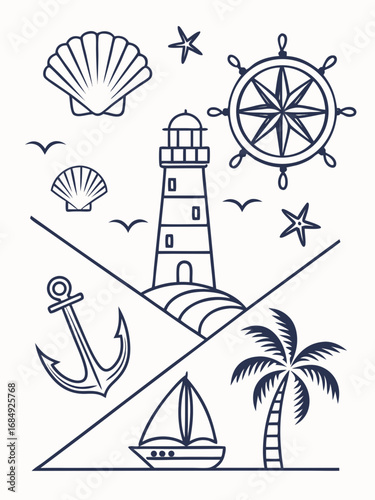 Minimilist illustration of nautical themed icons including a lighthouse, sailboat, and seashells arranged nicely vector
