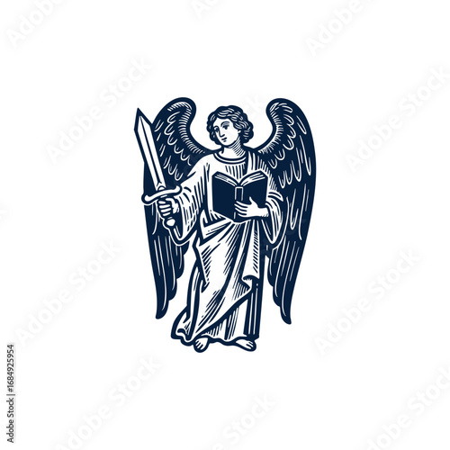 illustration of a winged angel holding a sword and a book. A classic symbol of faith, justice, and wisdom.