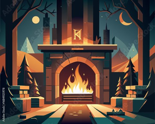 colorful illustration of a grand classic fireplace room