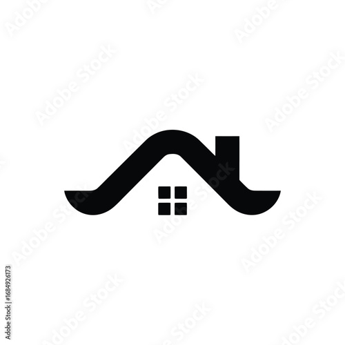 Abstract black silhouette of a house roof with chimney and window