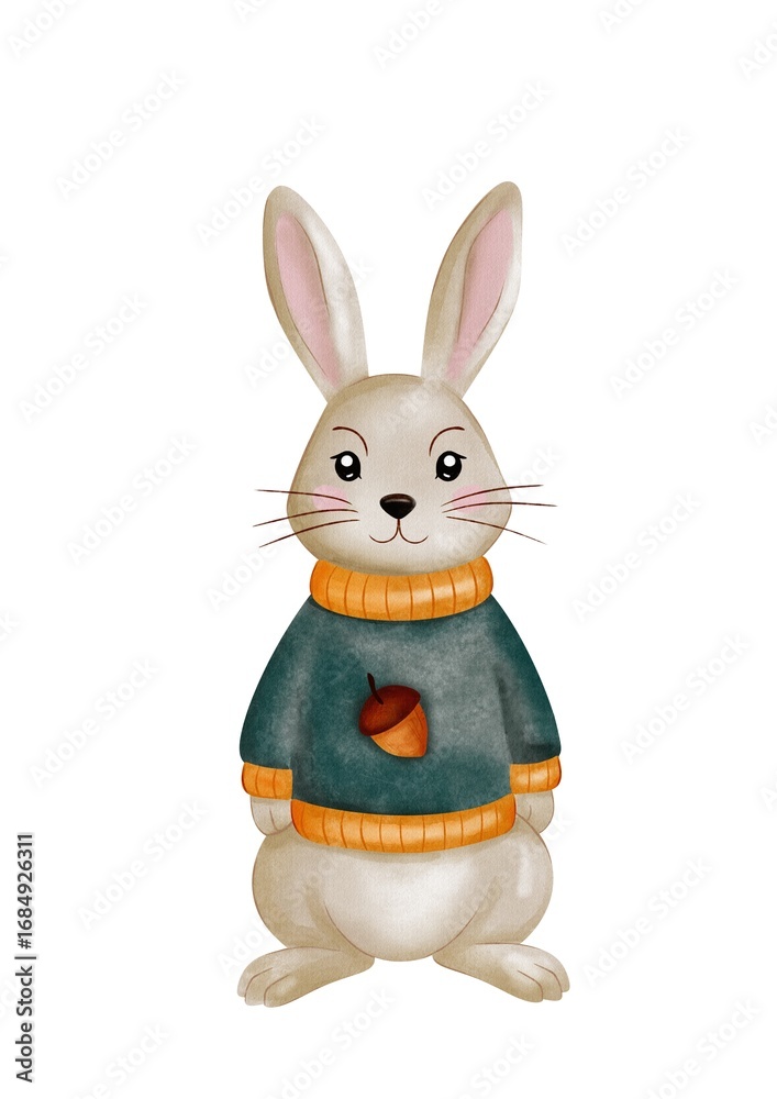Obraz premium Bunny in Sweater – autumn watercolor clipart Cute white bunny in a warm sweater surrounded by leaves, hand-painted in watercolor technique, perfect for seasonal projects.