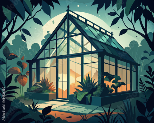 colorful illustration of a hunted greenhouse with overgrown plants