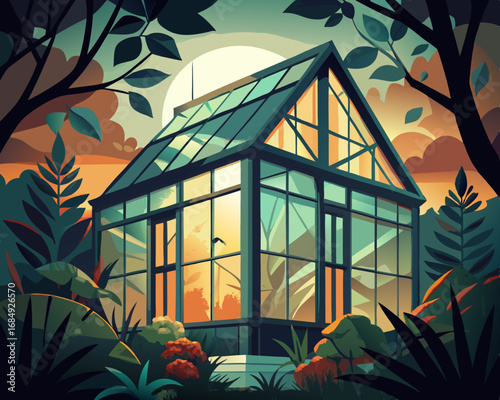 colorful illustration of a hunted greenhouse with overgrown plants