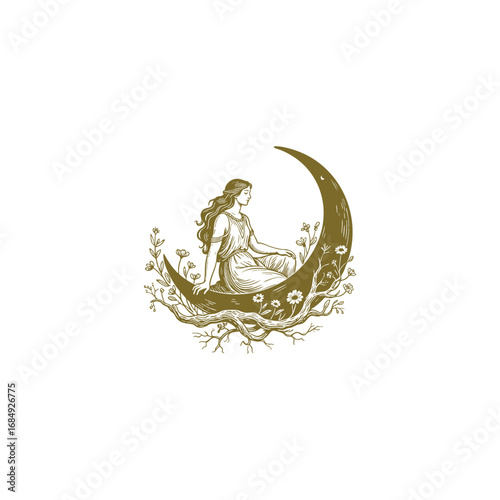 Engraving moon goddess logo, featuring a graceful woman sitting on a crescent moon with floral decoration