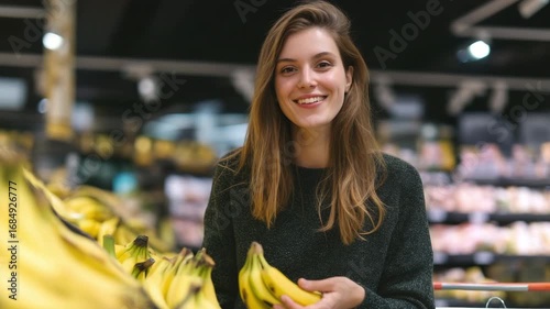 A woman with a shopping cart selects bananas in the store.
