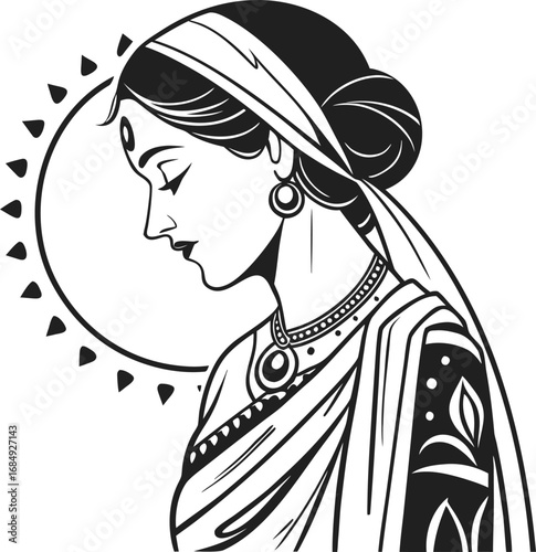 Profile of Indian Woman in Traditional Sari and Bun attire