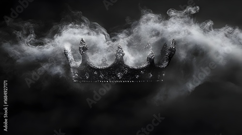 A black crown floats in a cloud of smoke, symbolizing regal power and mystery.