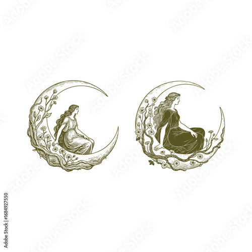 Engraving moon goddess logo, featuring a graceful woman sitting on a crescent moon with floral decoration