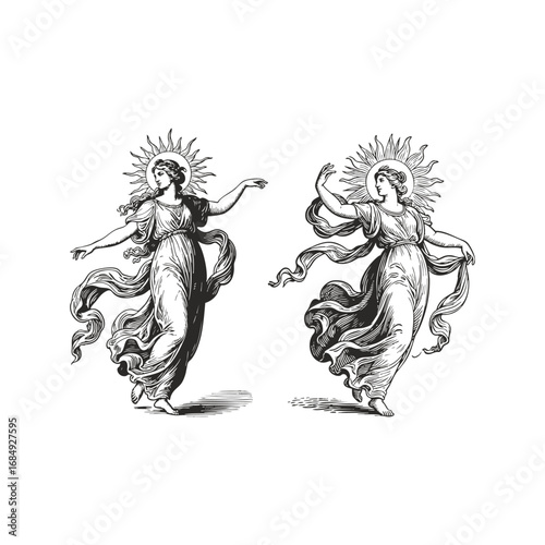 Vintage engraving illustration of a graceful woman with a radiant sun halo, flowing dress, and classical mythological style