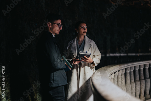 Fototapeta Two people stand near a museum railing in thoughtful contemplation, holding notebooks, with dim atmospheric lighting enhancing the scene's elegance and intellectual ambiance