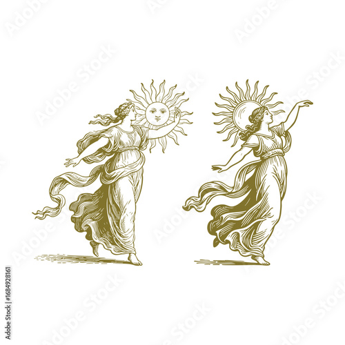 Vintage engraving illustration of a graceful woman with a radiant sun halo, flowing dress, and classical mythological style
