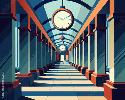 colorful illustration of a long hallway with hanging clock