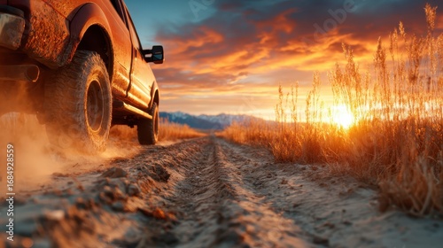 A rugged truck navigates a dusty road under a breathtaking sunset, capturing the beauty of adventure and exploration in the great outdoors.