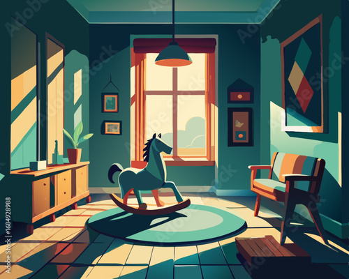 colorful illustration of a playroom with rocking horse