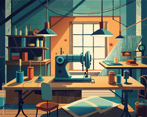 colorful illustration of a old sewing room