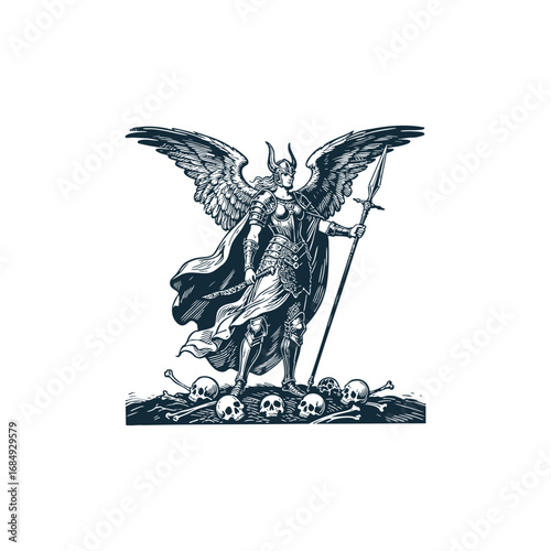 Engraving Valkyrie warrior logo, featuring a winged female fighter in armor with spear and sword standing on skulls