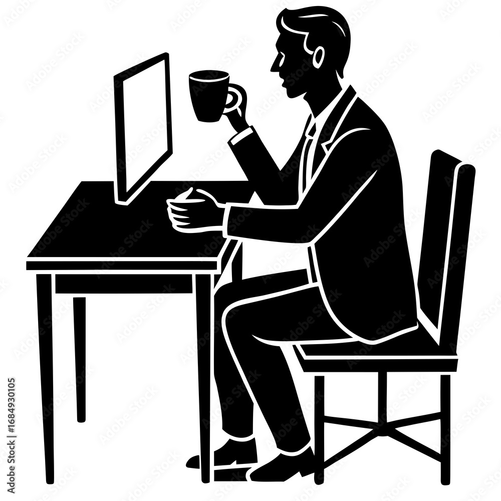 Fototapeta premium Man drinking coffee at desk vector