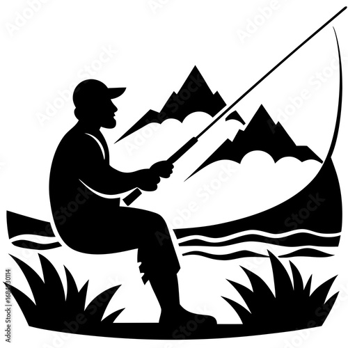 Man fishing by mountains and river silhouette