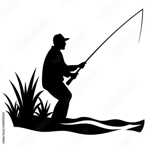 Man fishing by riverbank with grass silhouette water