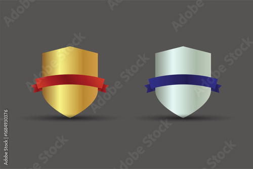 Blank logo shield with golden and silver colors used for security, business, organization, brand purpose, and value. Collection of blank shield badges with ribbons illustration design.