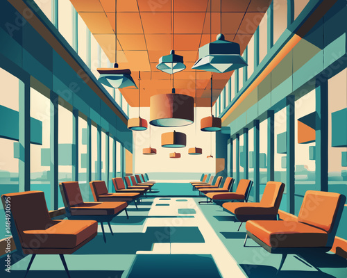 colorful illustration of a corridor room with chairs