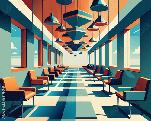 colorful illustration of a corridor room with chairs