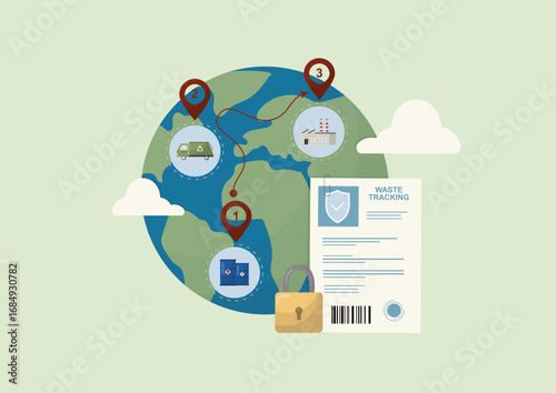 Global Waste Tracking Network GPS Location Management System. Global waste tracking network. International environmental management. Hazardous waste manifest. Flat style. Vector illustration