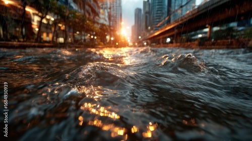 A dramatic urban landscape featuring a river at sunset, reflecting city lights and buildings, creating a serene yet vibrant atmosphere that captures the beauty of city life.