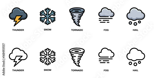 set of severe weather icons vector illustrations, storm warnings and winter forecasts