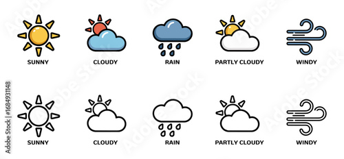 set of basic weather condition icons vector illustrations, forecast reports and climate change