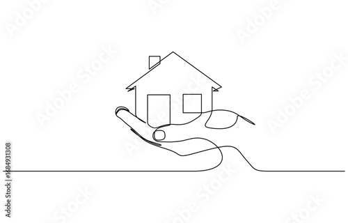 Continuous one line drawing of Hand holding a house vector illustration. Editable outline