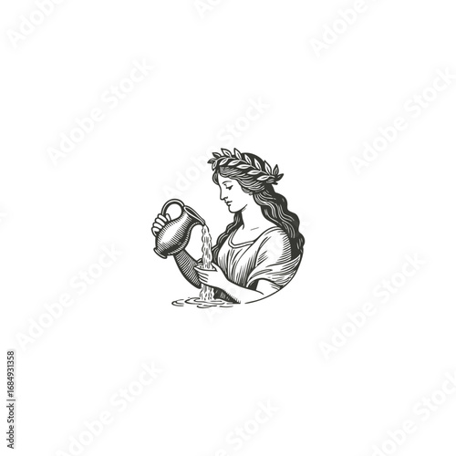 Engraved vintage logo of a water goddess pouring from a jug, classical woman illustration with laurel crown and flowing robe