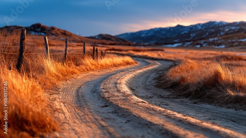 A serene curving dirt road leads through golden grasslands at sunset, showcasing the tranquility of rural landscapes and the beauty of nature's changing light.