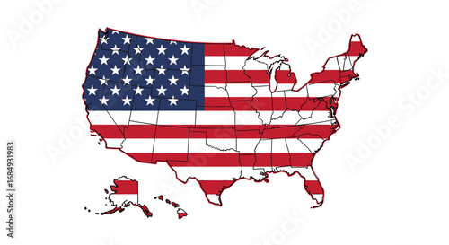 Map of the United States of America with the national flag pattern superimposed, showing individual state outlines.