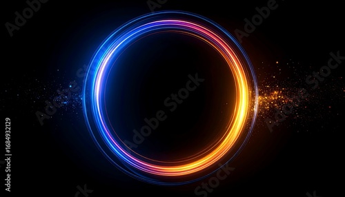 Abstract circular graphic with vibrant glowing rings and scattered particles