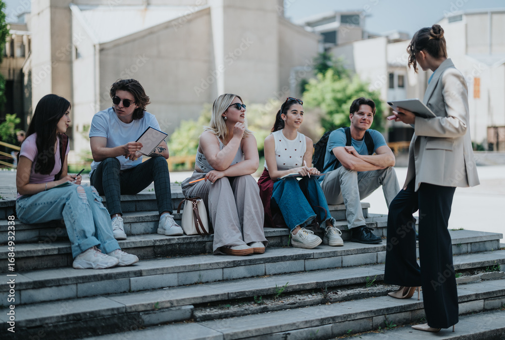 Fototapeta premium Engaging discussion between university students and their professor held in an outdoor setting. The scene represents teamwork, education, and collaborative learning in a casual academic environment.