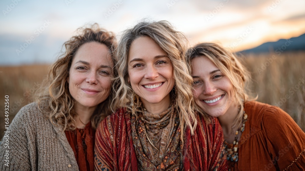 Obraz premium Three joyful women share a warm smile in a natural outdoor setting, highlighting friendship and connection against the backdrop of a beautiful sunset.