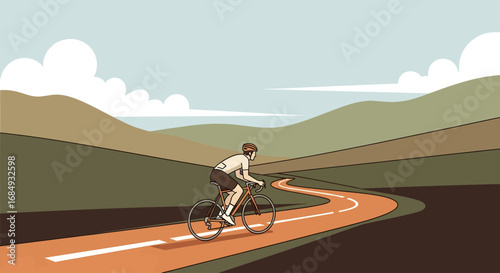 A lone cyclist embarks on a serene journey through rolling hills, their path winding beneath a tranquil sky.