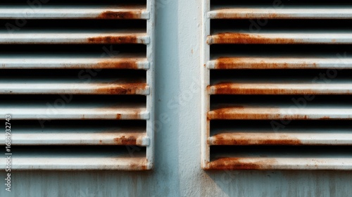 A close-up view of a rusted metal ventilation grate showcasing the aged surface, peeling paint, and rich textures, highlighting deterioration and industrial charm.
