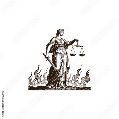 Engraved Lady Justice logo illustration, blindfolded woman with sword and scales, classical goddess of law and fairness