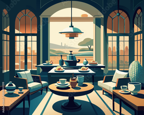 colorful illustration of a dining room with tea set on the table
