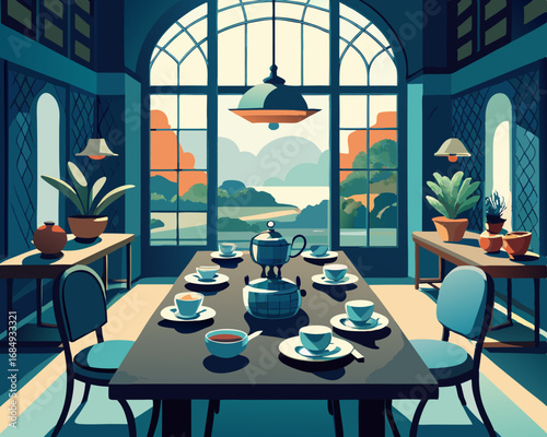 colorful illustration of a dining room with tea set on the table