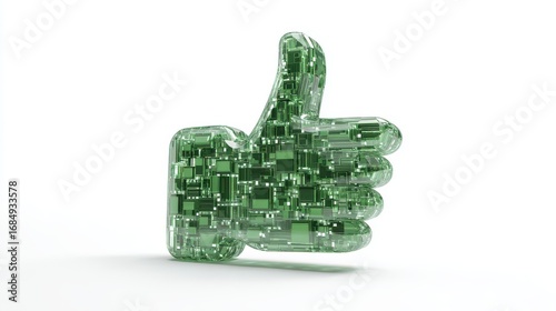 Thumbs up symbol made of green electronic circuit pattern on white background